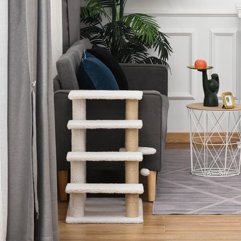 PawHut Katzentreppe 4 Stufen Tiertreppe Treppe für Katze mit Kratzsäulen Ball Haustiertreppe Hundetreppe aus Plüsch und Jute 60 x 40 x 64 cm Weiß