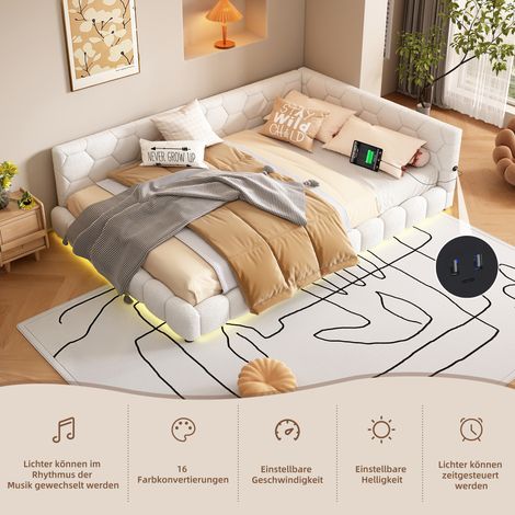 Tagesbett 140x200 cm aus Vliesimitat und MDF in Weiß, mit Lattenrost, LED-Beleuchtung, USB und Typ-C (1/5)