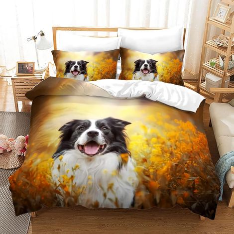 Bettwäsche-Set 200x200 cm 3-teilig mit Border Collie 3D Motiv, Mikrofaser, atmungsaktiv