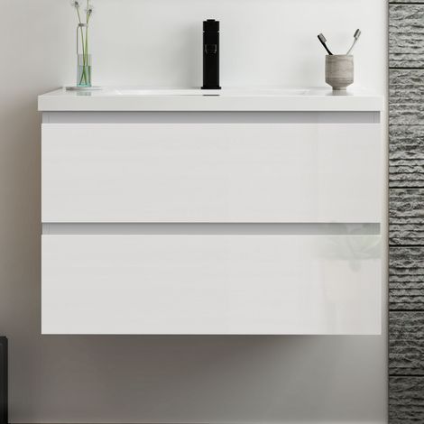 Ocean Meuble salle de bain 80cm blanc brillant avec 2 tiroirs à fermeture automatique et simple lavabo céramique