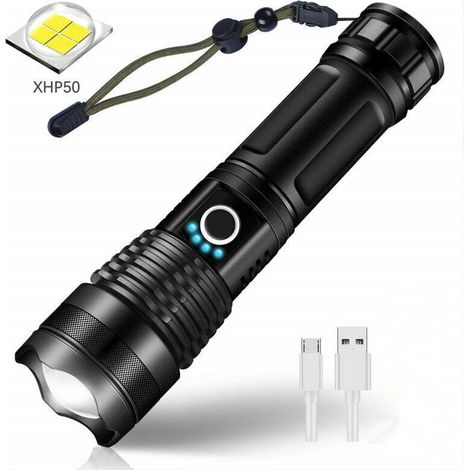 LED USB Rechargeable Ultra Puissante 3000 Lumens CREE XHP50 Lampe Torche, 5 Modes IP65 Étanche Militaire Zoomable pour Camping Randonnée(Pile Rechargeable Incluse) (1/5)