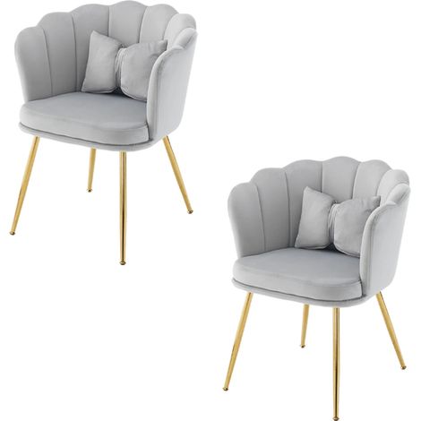 Lot de 2 Fauteuils Décoratifs Confortables en Velours, Dossier Pétalé, Pieds Dorés et Coussins Papillon pour Intérieur-Gris (1/5)