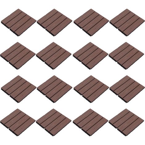 Lot de 16 dalles de terrasse emboîtables, sol extérieur intérieur imperméable, lames bois individuelles, motif grain fer, type M (1/5)