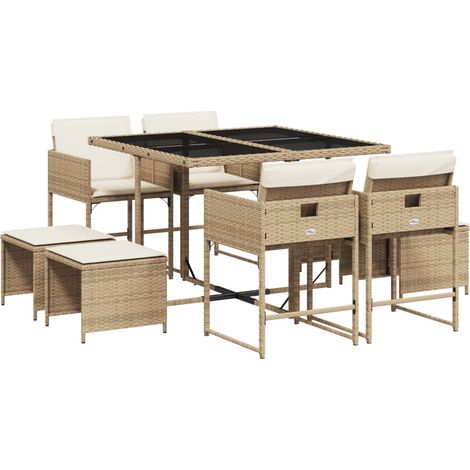 Ensemble à manger de jardin et coussins 9 pcs,Salon de jardin beige Poly rotin CFW97745 (1/5)