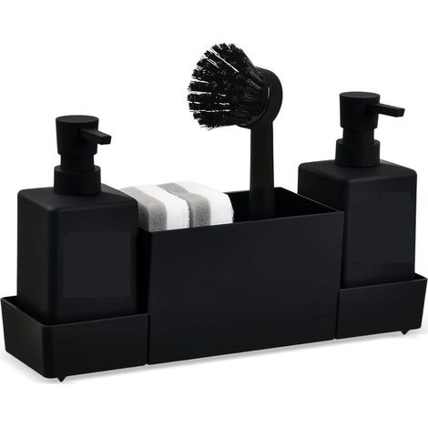 4-in-1 Spülmittelspender – Schwamm- und Bürstenhalter mit praktischem Spülbecken-Organizer – Eleganter Seifenspender für Küche und Bad, Schwarz, Kunststoff, 32 x 10 x 15 cm (1/5)