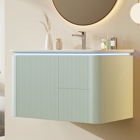 VVBV Meuble vasque de salle de bain, suspendu, éclairage LED à capteur, tiroirs, 80,5 x 47,5 x 51 cm, Vert (1/5)