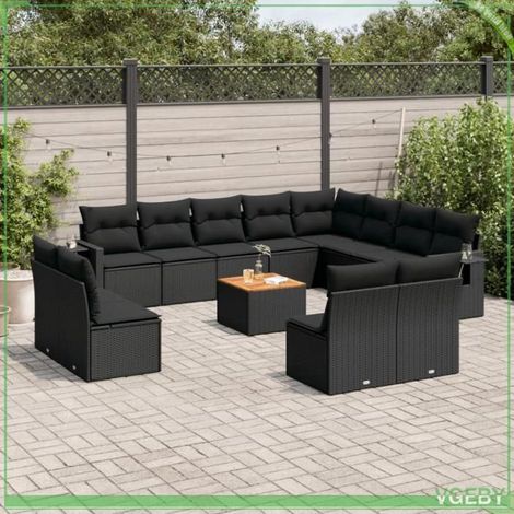 Salon de jardin - Ensemble 13 pcs - Résine tressée noire - Table acacia - Rangement sous assise (1/3)