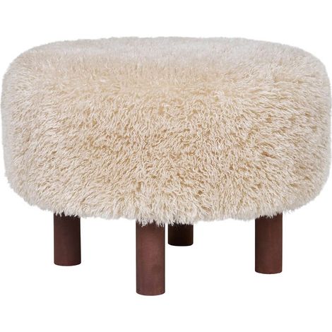 MUSTIK - Pouf en Fausse Fourrure Beige Pieds en Pin Teinté Marron