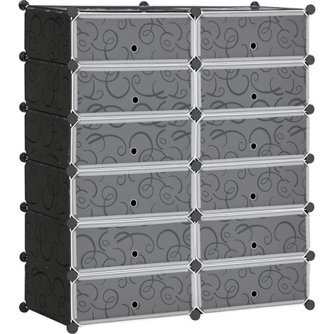 Étagère à chaussures, 12 boîtes de rangement pour 24 paires de chaussures, en plastique, noir et blanc