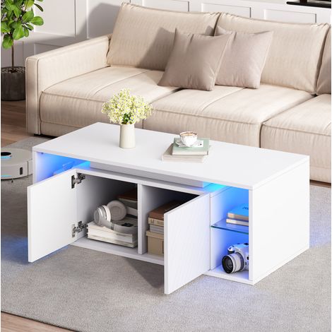 Mesa de centro LED 100x50x41 cm con almacenamiento, 2 puertas, mueble de salón de tablero de partículas blanco (1/5)