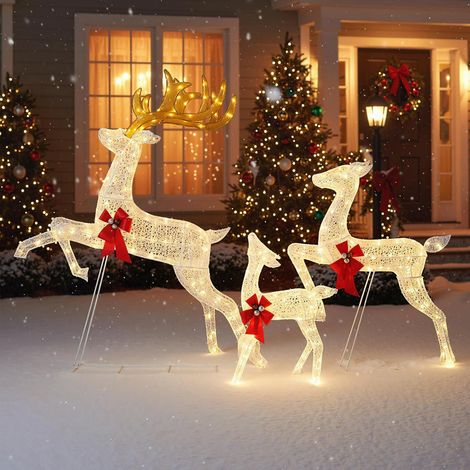 COSTWAY 3 PCS Famille de Rennes de Noël Lumineux, Decoration Noel Exterieur Interieur, 330 LED Blanc Chaud, Nœuds Rouges, 13 Piquets de Sol, 31 Attaches, Décorations de Fêtes pour Salon Jardin Porche (1/5)