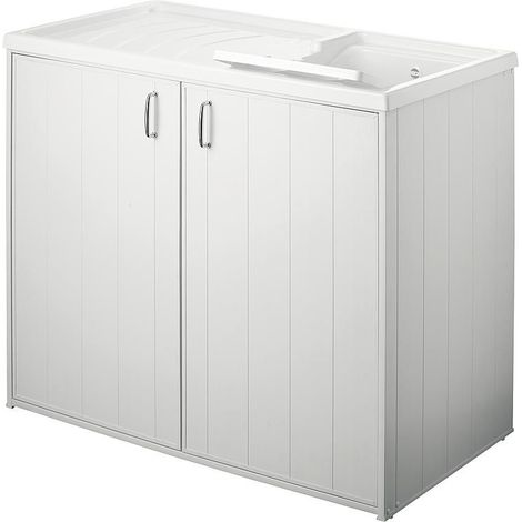Banyo – Bac à laver avec meuble 2 portes – Dimensions 1009 x 600 x 925 mm – Bac réversible avec égouttoir – Meuble en plastique blanc (1/3)