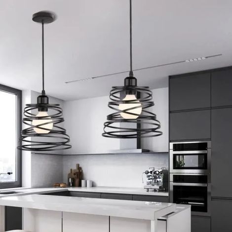 2PCS Lampe Suspension Industrielle en Métal Cage Lustre Luminaire Vintage pour Restaurant Salon Noir (1/4)