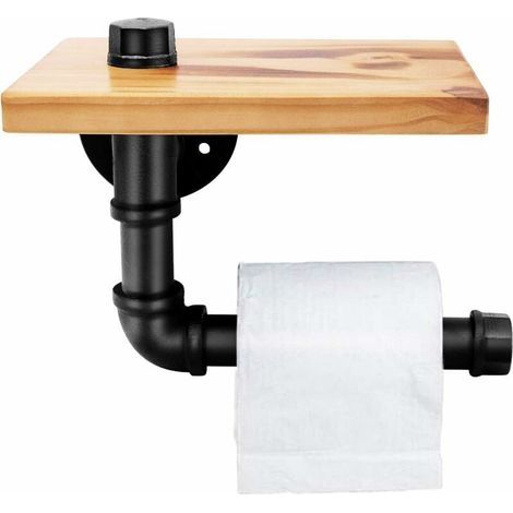 Étagères en Bois Industrielles de Supports de Tuyau de Fer Support Fixé au Mur Fer Forgé pour la Salle de Bains Porte-Papier Toilette Style Rétro (1/5)