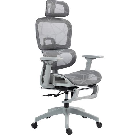 Chaise de bureau ergonomique en tissu mesh gris, réglable, mobile, avec accoudoirs et appui-tête, fauteuil de travail ajustable. (1/5)