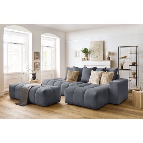 BOBOCHIC - Canapé d'angle fixe MONT-BLANC velours avec pouf Angle droit Gris foncé (1/5)
