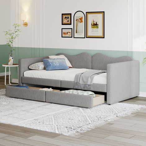 Cama infantil tapizada gris 90x200 cm con 2 cajones, somier de láminas y respaldo con reposabrazos (1/5)