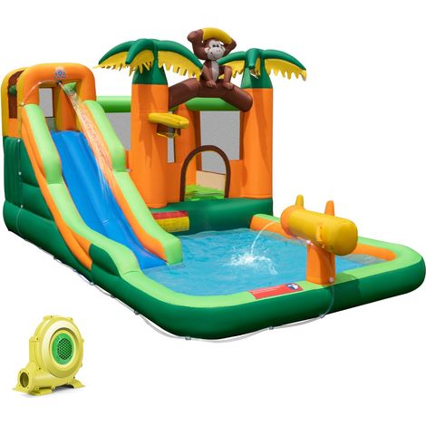 Toboggan gonflable Tropical 7 en 1 Thème Singe et Palmier avec Toboggan Aquatique Piscine Charge 90kg pour 2 Enfants 3-10 Ans CWXT5584 DESIGN IN (1/3)