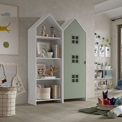 Armoire + bibliothèque décor vert et blanc - CASMY