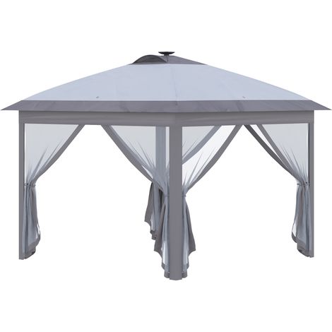 Tonnelle pliante de 3,3 x 3,3 m avec éclairage LED et USB, montage instantané, panneaux latéraux en filet, protection solaire, toile Oxford grise, idéale pour les garden-parties