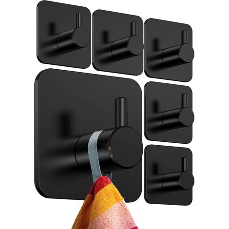 Juego de toalleros sin taladrar, 6 piezas, negro - Ganchos impermeables para baño, ganchos adhesivos, ganchos para toallas (1/2)