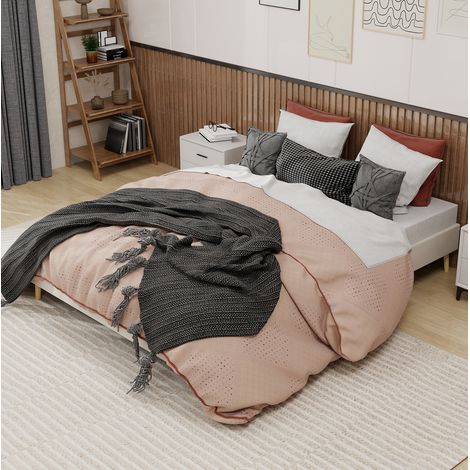 Lit en tissu beige et métal 160x200 cm, cadre de lit au style moderne (1/5)