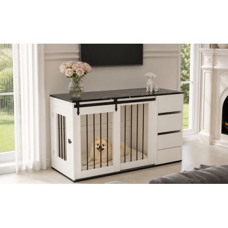 Cama para perros 2 en 1 en MDF y metal con mesa, blanca, 140 x 60 x 87 cm (1/5)