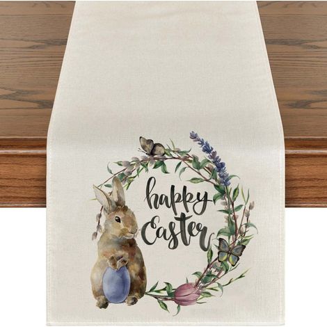 Banner De Table - Nappe De Table De Pâques En Lin - Motif Lapin Et Œuf - Décoration Vintage Pour Table À Manger - 1 Pièce (1/5)