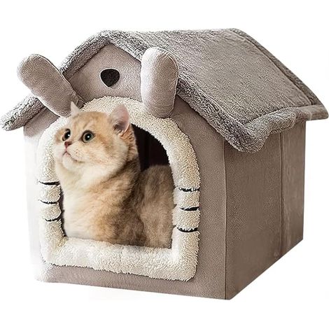 Lit de grotte pour chat, maison d'intérieur pour chat, lit pliable pour chien avec coussin amovible, imperméable, chaud, résistant aux intempéries, pour chats, chiens, taille M (1/5)