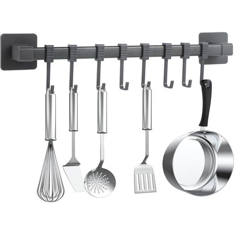 Porte-Accessoires Cuisine - Barre À Crochets Auto-Adhésive Sans Perçage - Pour Ustensiles De Cuisine - Longueur 40 Cm - Gris - Lot De 8
