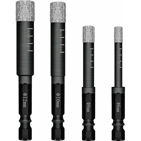 Foret Diamant - 6 mm 8 mm 10 mm 12 mm - Pour Carrelage Céramique Grès Cérame Tuile Verre Pierre - Lot de 4