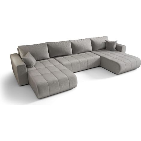 Canapé d’angle velours panoramique convertible avec rangement SVEN-Gris clair (1/4)