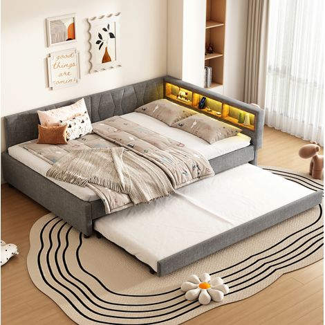 Letto con Letto estraibili 140x200 cm, con USB e LED, testiera con vano, in tessuto e MDF, grigio, senza materasso (1/5)