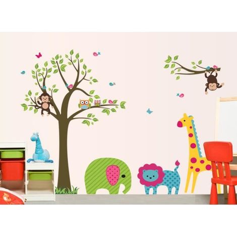 Sticker mural enfant - Arbre coloré et animaux cartoon - Planes - PVC écologique (1/4)