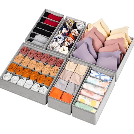 Lot de 6 Boîtes Organisatrices Pliables en Tissu pour Tiroir, Rangeurs de Tiroir à Chaussettes et Sous-vêtements, Séparateurs de Commode, Boîte de Rangement avec Compartiments, Gris (1/5)