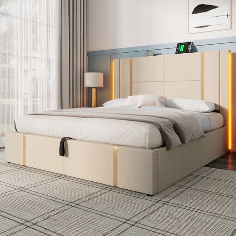 DESMIU Lit coffre Lit double 160 × 200 cm avec USB, USB-C et LED reglable, sans matelas, en lin, beige (1/5)