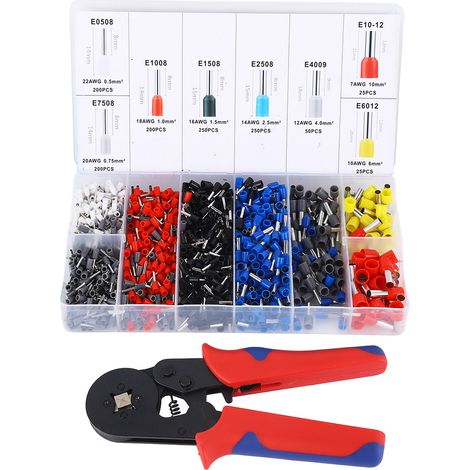 Kit de pince à sertir manuelle 1200 pièces, embouts de câble rouges et bleus, poignée portable, outil de sertissage de fils. (1/5)