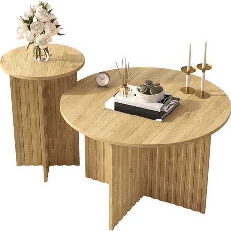Lot de 2 tables basses gigognes en bois design scandinave, tables rondes peu encombrantes, structure MDF/PB stable