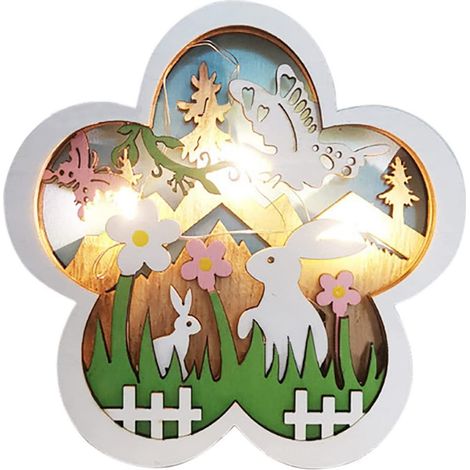 Lapin lumineux LED en bois, décoration de Pâques, lapin ajouré, lampe décorative de bureau pour les fêtes (1/4)
