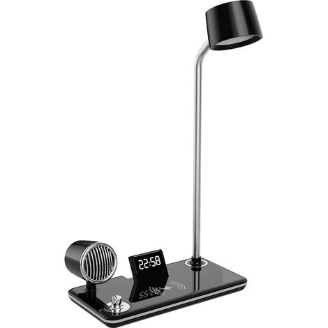 Lampe de bureau LED (noire) multifonctionnelle avec chargeur sans fil, horloge, haut-parleur Bluetooth et veilleuse, interface USB (1/5)