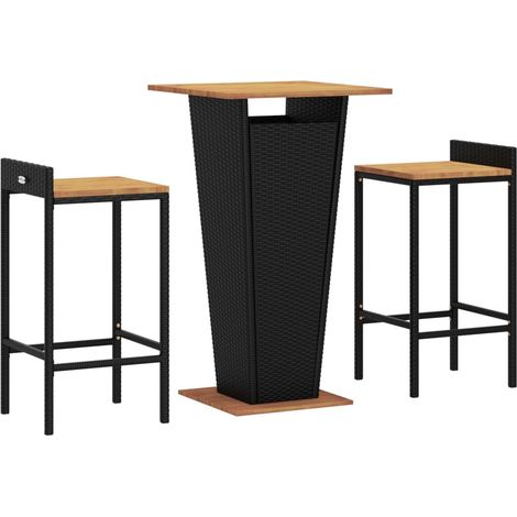 Ensemble de bar de jardin meuble extérieur terrasse 3 pièces noir poly rotin/bois massif acacia (1/5)