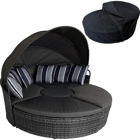 5 PCs Outdoor Rattan Lounge Chair Round Daybed Table Set w/ Cushion - 180cm (1/5)