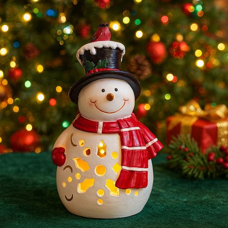 Figurine De Noël - Sapin De Noël En Résine Avec Lumière LED - Pour Décoration De Table D'Hiver - Lot De 3 (Bonhomme De Neige, Père Noël, Pingouin) (1/5)
