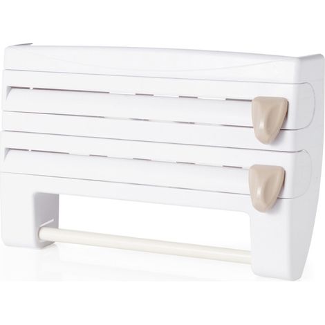 Support de film alimentaire 3-en-1 (blanc) sans perçage avec coupe-film, porte-essuie-tout et aluminium (1/5)