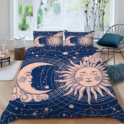 Bettwäsche Set 2-teilig 135x200 cm mit Kissenbezug 80x80 cm, Sonne Mond Motiv, Mikrofaser