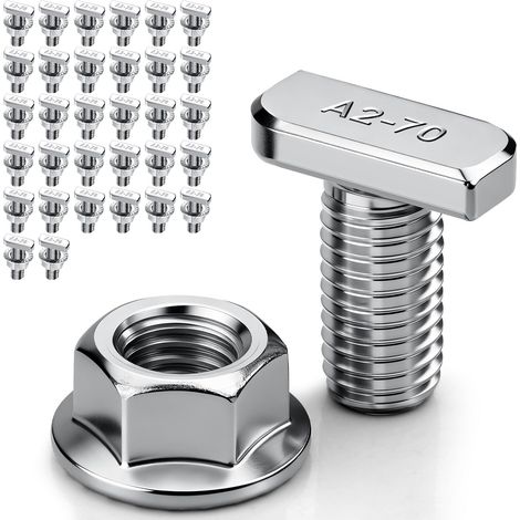 Lot de 32 vis à tête marteau M8 x 20 - En acier inoxydable A2-70 - Avec écrous à dents de blocage - Écrous à bride M8 - Pour rail de montage solaire PV, serre et profil en aluminium pour (1/5)