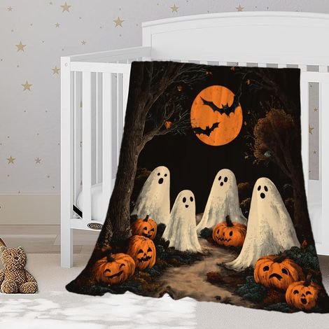 Couverture d'Halloween, motif citrouille et fantôme vintage, douce et confortable, idéale pour bébé, animal de compagnie, canapé, lit et décoration saisonnière, 70 x 100 cm (1/5)