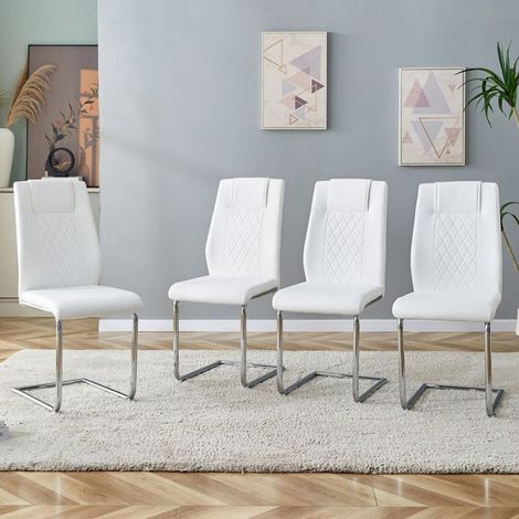 Chaise Scandinave Lot de Chaises 4 pièces blanc cuir synthétique PU dossier en maille pieds en métal argenté patins antidérapants (1/5)