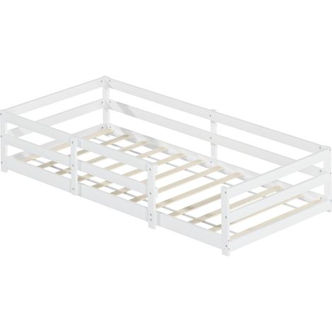 Lit Montessori 90x200 avec barrière de sécurité, sommier à lattes inclus, structure en bois de pin blanc, montage rapide, pour enfant, style scandinave, CHICFURN (1/5)