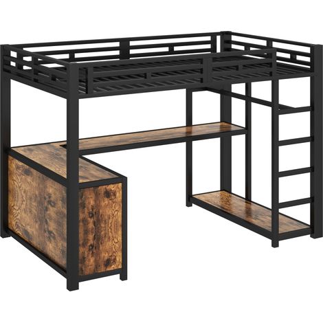 Cama alta de metal 140 x 200 cm con escritorio integrado, luz LED y puertos USB, negra (1/5)